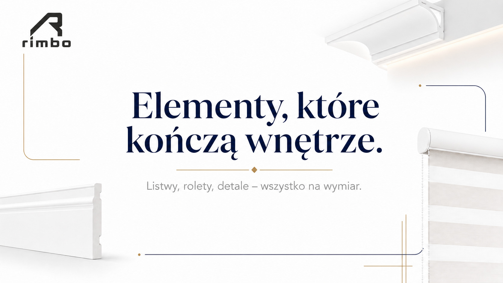 Grafika Rimbo z listwą przypodłogową, listwą przysufitową LED i roletą dzień i noc jako elementami wykończeniowymi do wnętrz