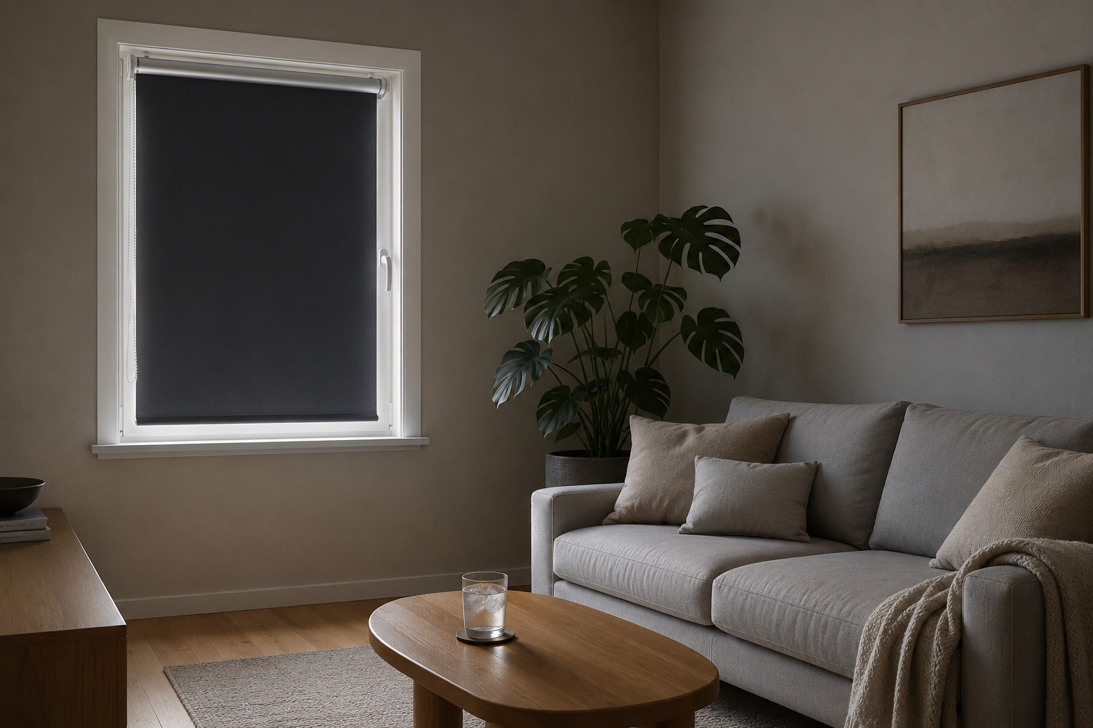 Nowoczesny salon w półcieniu z opuszczoną roletą zaciemniającą termiczną, szklanką z lodem i spokojną atmosferą we wnętrzu