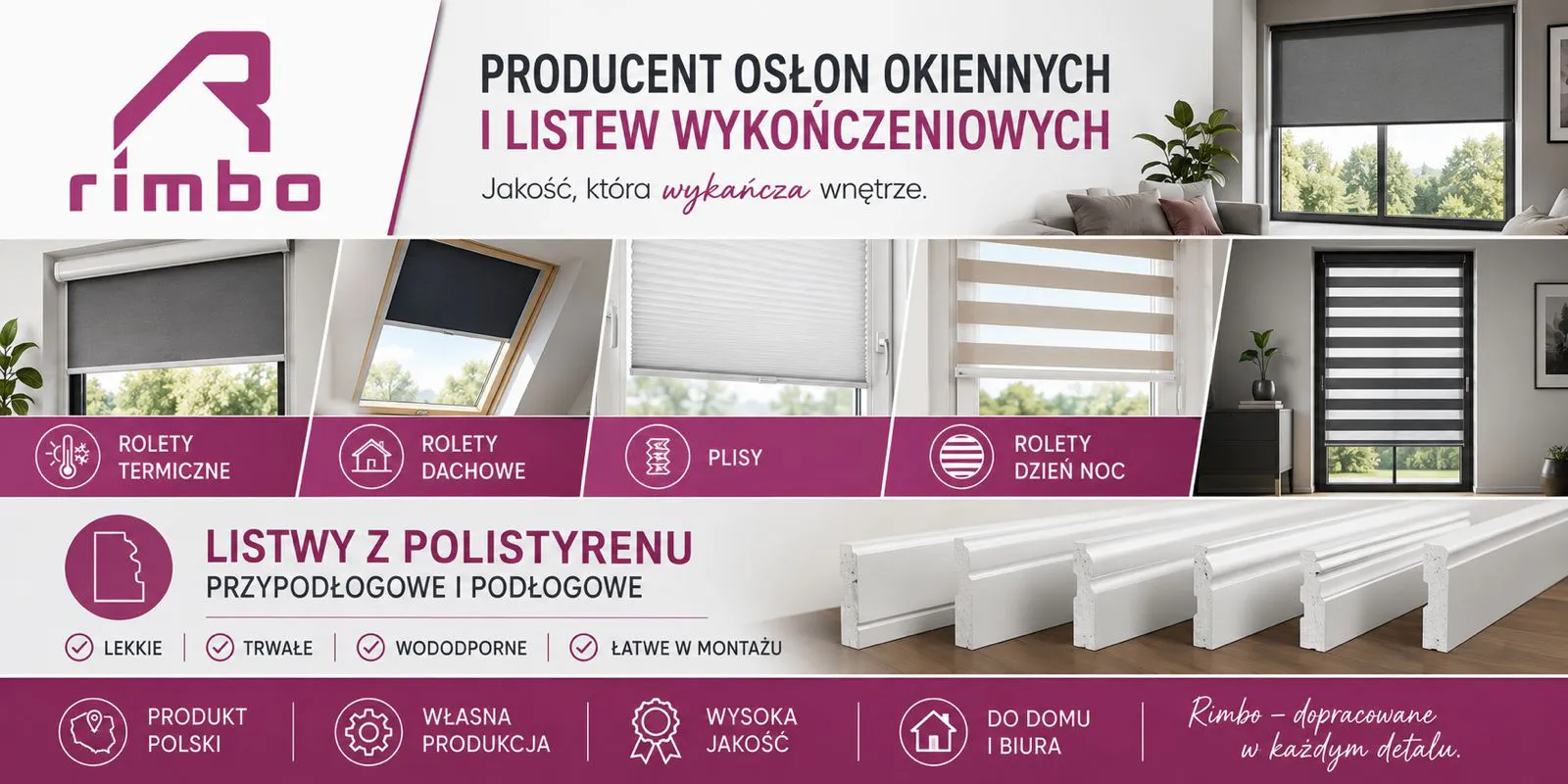 Oferta Rimbo przedstawiająca rolety termiczne, rolety dachowe, plisy, rolety dzień i noc oraz listwy z polistyrenu do wnętrz
