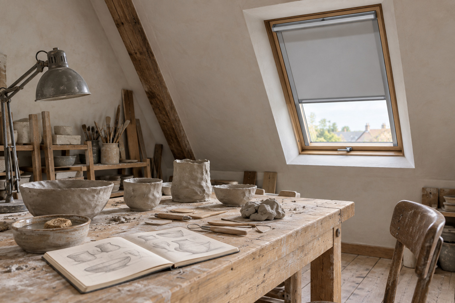 Roleta dachowa w pracowni ceramicznej jako element sensorycznego wnętrza