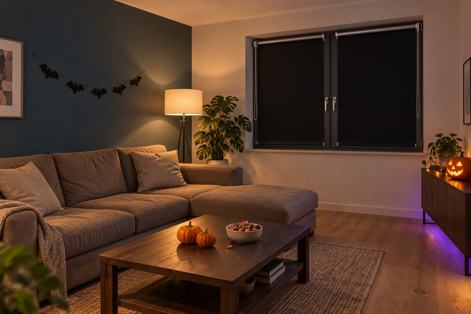 Przytulny salon przygotowany na Halloween w domu, z czarnymi roletami Termo, świecącymi dyniami i fioletowym oświetleniem LED.
